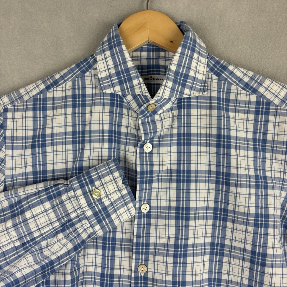 Kiton Dress Shirt Men’s 17.75-40 Blue White Plaid Long Sleeve Point Collar